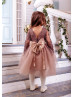 Long Sleeve Cocoa Lace Tulle Beaded Flower Girl Dress